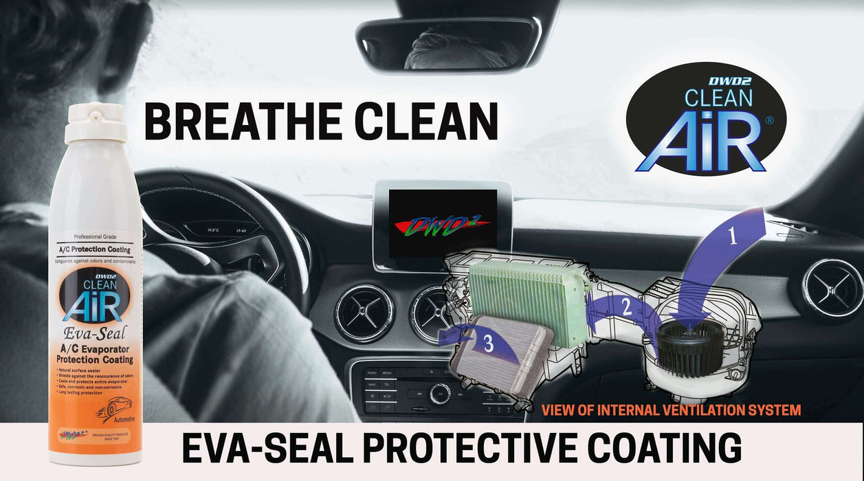 Can of DWD2 Clean Air Eva-Seal with Automotive Ventilation Diagram